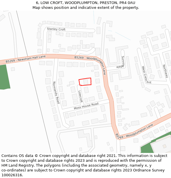 6, LOW CROFT, WOODPLUMPTON, PRESTON, PR4 0AU: Location map and indicative extent of plot