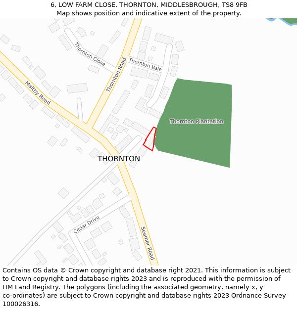 6, LOW FARM CLOSE, THORNTON, MIDDLESBROUGH, TS8 9FB: Location map and indicative extent of plot