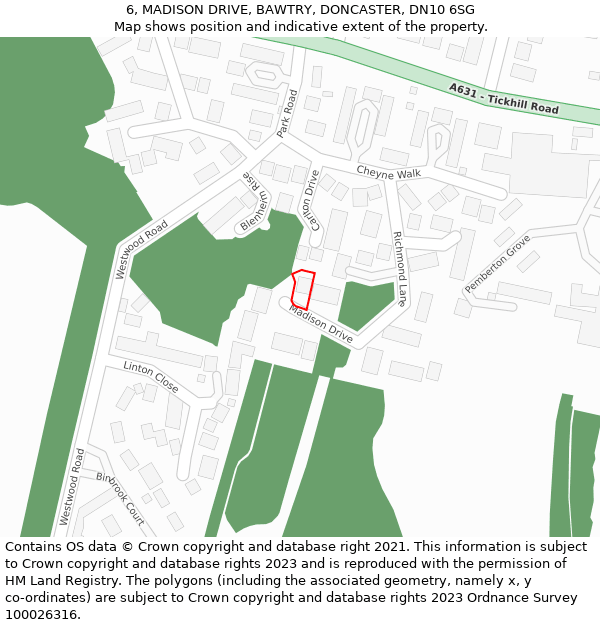 6, MADISON DRIVE, BAWTRY, DONCASTER, DN10 6SG: Location map and indicative extent of plot