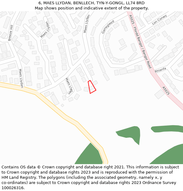 6, MAES LLYDAN, BENLLECH, TYN-Y-GONGL, LL74 8RD: Location map and indicative extent of plot