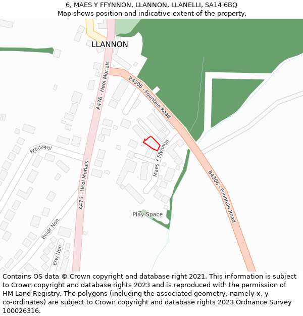 6, MAES Y FFYNNON, LLANNON, LLANELLI, SA14 6BQ: Location map and indicative extent of plot