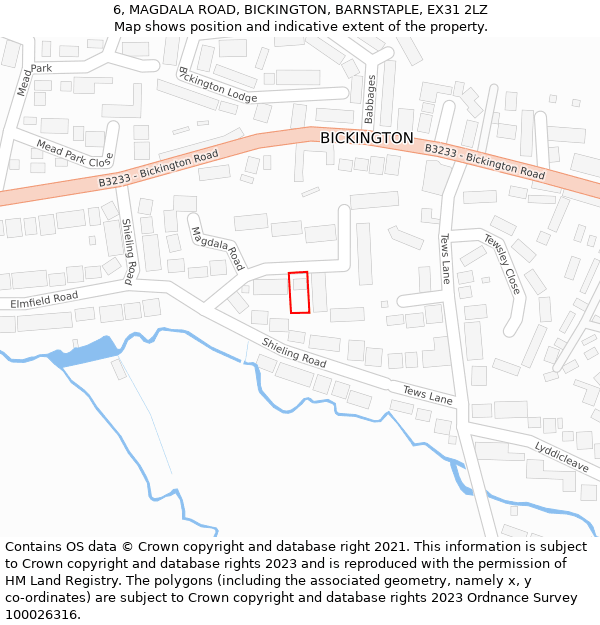6, MAGDALA ROAD, BICKINGTON, BARNSTAPLE, EX31 2LZ: Location map and indicative extent of plot