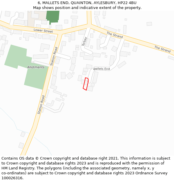 6, MALLETS END, QUAINTON, AYLESBURY, HP22 4BU: Location map and indicative extent of plot