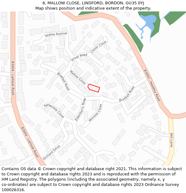 6, MALLOW CLOSE, LINDFORD, BORDON, GU35 0YJ: Location map and indicative extent of plot