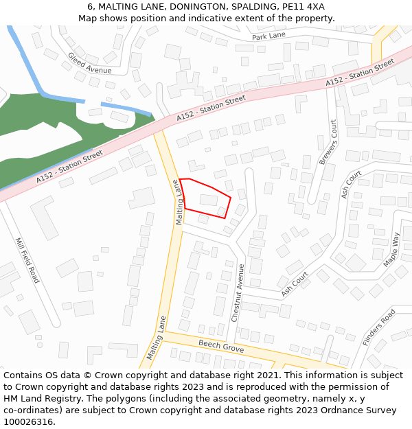 6, MALTING LANE, DONINGTON, SPALDING, PE11 4XA: Location map and indicative extent of plot