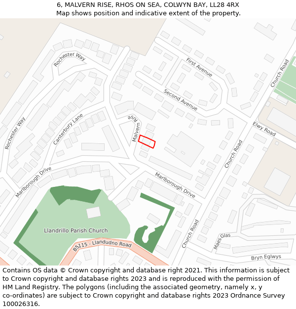 6, MALVERN RISE, RHOS ON SEA, COLWYN BAY, LL28 4RX: Location map and indicative extent of plot