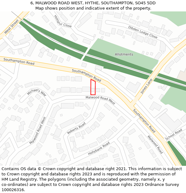 6, MALWOOD ROAD WEST, HYTHE, SOUTHAMPTON, SO45 5DD: Location map and indicative extent of plot