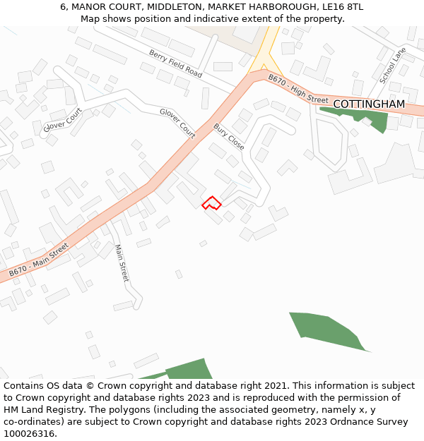 6, MANOR COURT, MIDDLETON, MARKET HARBOROUGH, LE16 8TL: Location map and indicative extent of plot