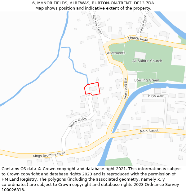 6, MANOR FIELDS, ALREWAS, BURTON-ON-TRENT, DE13 7DA: Location map and indicative extent of plot