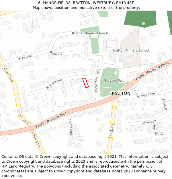 6, MANOR FIELDS, BRATTON, WESTBURY, BA13 4ST: Location map and indicative extent of plot