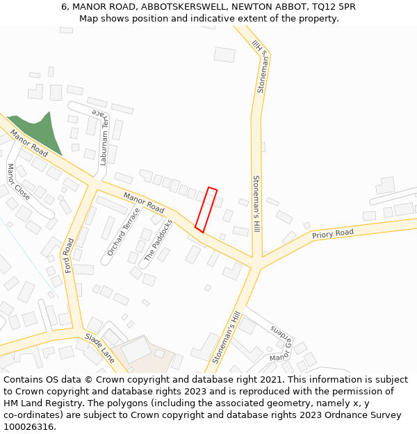 6, MANOR ROAD, ABBOTSKERSWELL, NEWTON ABBOT, TQ12 5PR: Location map and indicative extent of plot