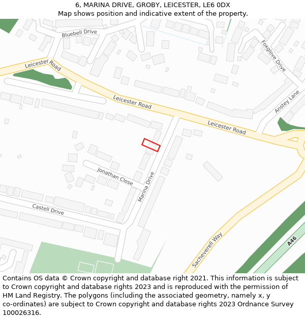 6, MARINA DRIVE, GROBY, LEICESTER, LE6 0DX: Location map and indicative extent of plot