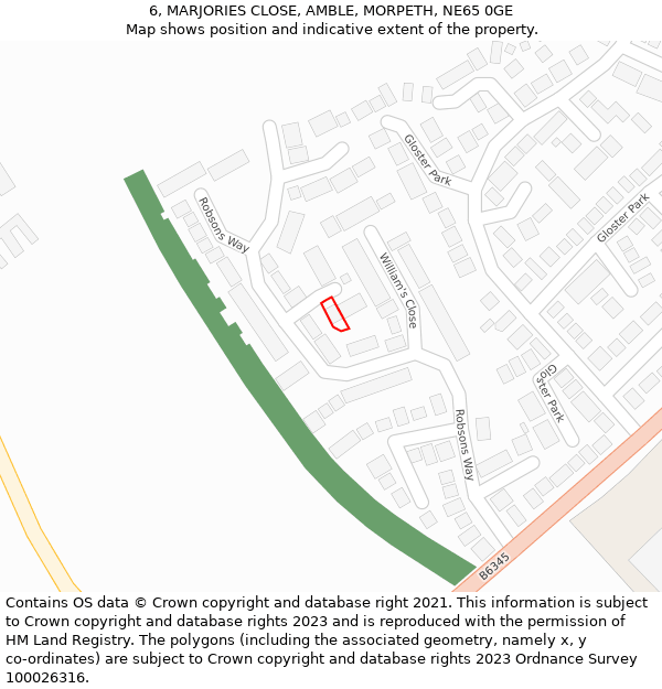 6, MARJORIES CLOSE, AMBLE, MORPETH, NE65 0GE: Location map and indicative extent of plot