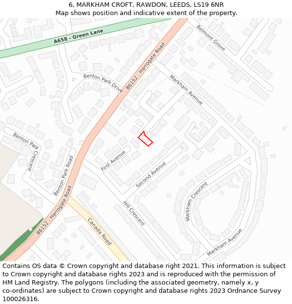 6, MARKHAM CROFT, RAWDON, LEEDS, LS19 6NR: Location map and indicative extent of plot