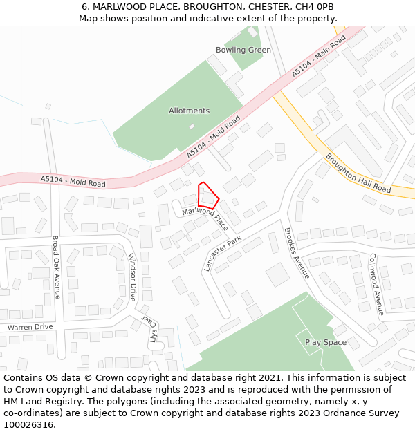 6, MARLWOOD PLACE, BROUGHTON, CHESTER, CH4 0PB: Location map and indicative extent of plot