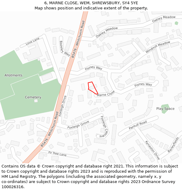 6, MARNE CLOSE, WEM, SHREWSBURY, SY4 5YE: Location map and indicative extent of plot