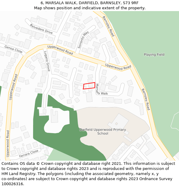 6, MARSALA WALK, DARFIELD, BARNSLEY, S73 9RF: Location map and indicative extent of plot