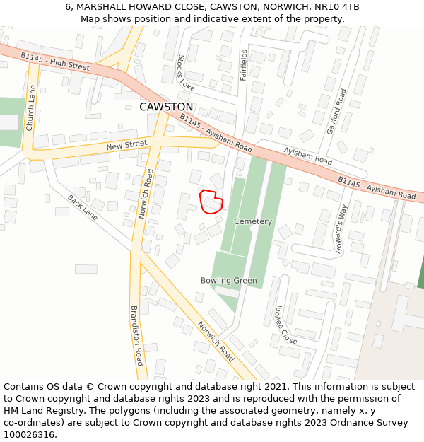 6, MARSHALL HOWARD CLOSE, CAWSTON, NORWICH, NR10 4TB: Location map and indicative extent of plot