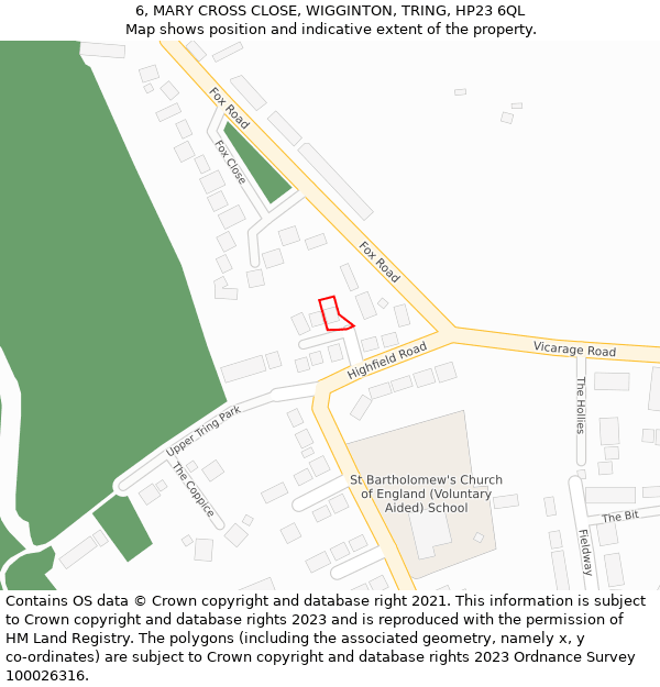 6, MARY CROSS CLOSE, WIGGINTON, TRING, HP23 6QL: Location map and indicative extent of plot