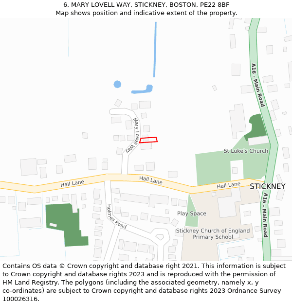 6, MARY LOVELL WAY, STICKNEY, BOSTON, PE22 8BF: Location map and indicative extent of plot