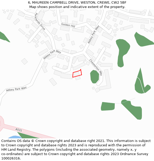 6, MAUREEN CAMPBELL DRIVE, WESTON, CREWE, CW2 5BF: Location map and indicative extent of plot