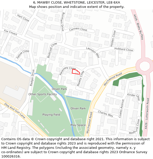 6, MAWBY CLOSE, WHETSTONE, LEICESTER, LE8 6XA: Location map and indicative extent of plot