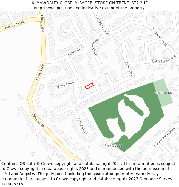 6, MAWDSLEY CLOSE, ALSAGER, STOKE-ON-TRENT, ST7 2UE: Location map and indicative extent of plot