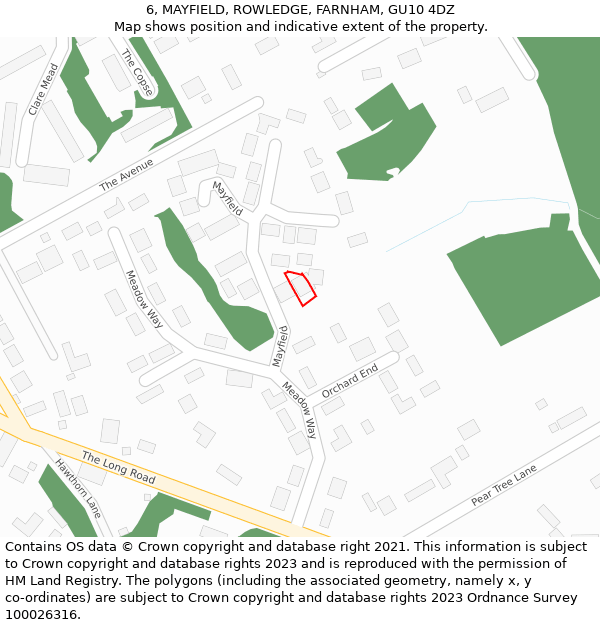 6, MAYFIELD, ROWLEDGE, FARNHAM, GU10 4DZ: Location map and indicative extent of plot