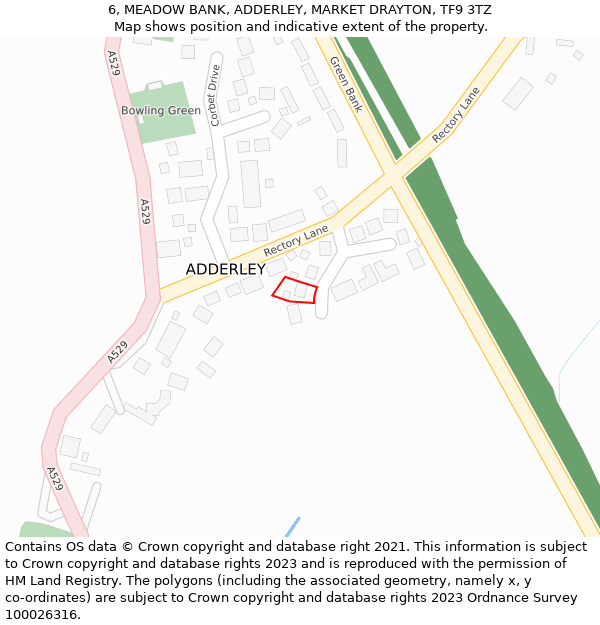 6, MEADOW BANK, ADDERLEY, MARKET DRAYTON, TF9 3TZ: Location map and indicative extent of plot