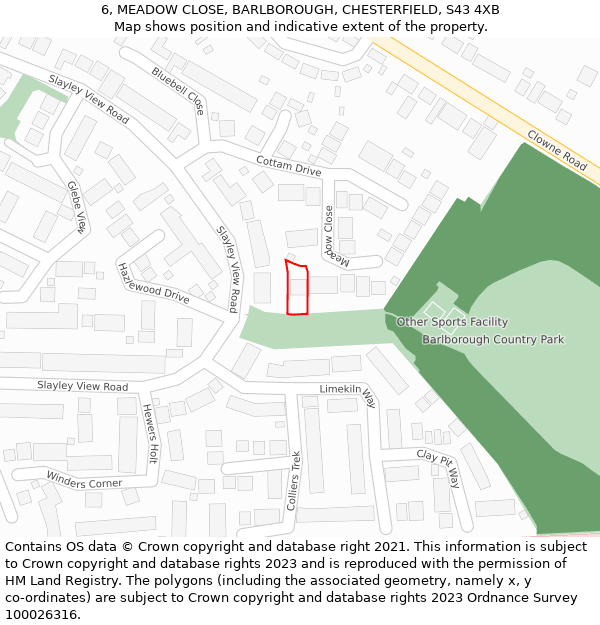 6, MEADOW CLOSE, BARLBOROUGH, CHESTERFIELD, S43 4XB: Location map and indicative extent of plot