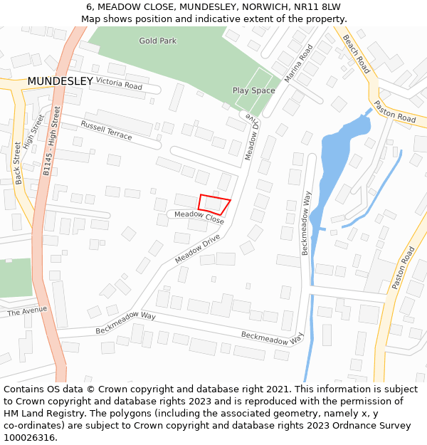 6, MEADOW CLOSE, MUNDESLEY, NORWICH, NR11 8LW: Location map and indicative extent of plot