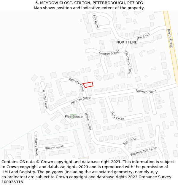 6, MEADOW CLOSE, STILTON, PETERBOROUGH, PE7 3FG: Location map and indicative extent of plot