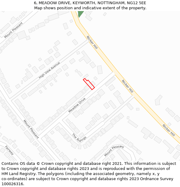 6, MEADOW DRIVE, KEYWORTH, NOTTINGHAM, NG12 5EE: Location map and indicative extent of plot