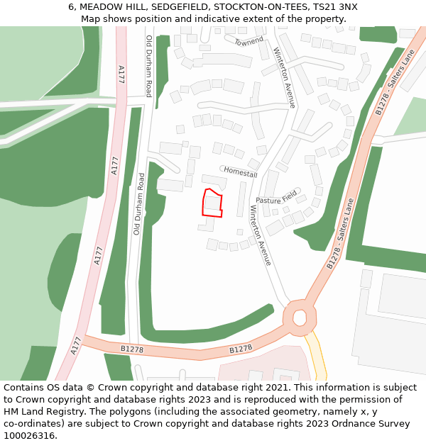 6, MEADOW HILL, SEDGEFIELD, STOCKTON-ON-TEES, TS21 3NX: Location map and indicative extent of plot