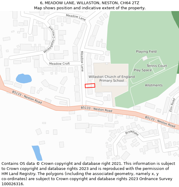 6, MEADOW LANE, WILLASTON, NESTON, CH64 2TZ: Location map and indicative extent of plot