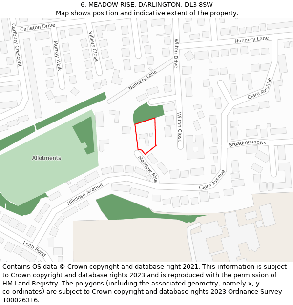 6, MEADOW RISE, DARLINGTON, DL3 8SW: Location map and indicative extent of plot