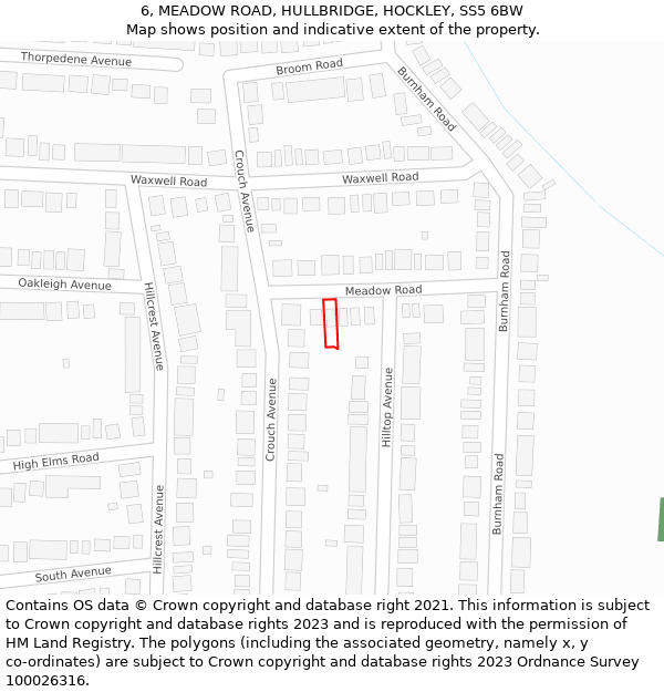 6, MEADOW ROAD, HULLBRIDGE, HOCKLEY, SS5 6BW: Location map and indicative extent of plot