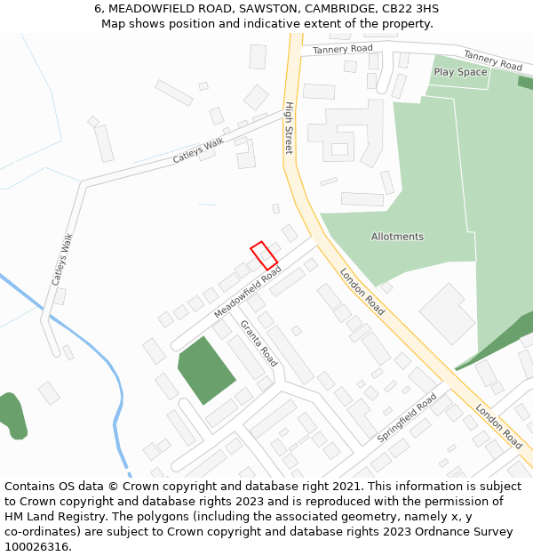 6, MEADOWFIELD ROAD, SAWSTON, CAMBRIDGE, CB22 3HS: Location map and indicative extent of plot