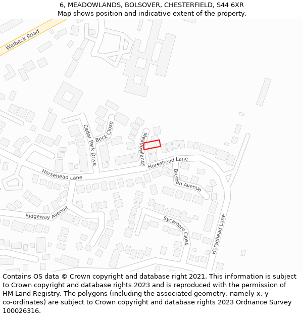 6, MEADOWLANDS, BOLSOVER, CHESTERFIELD, S44 6XR: Location map and indicative extent of plot