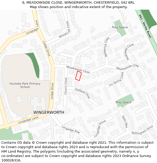 6, MEADOWSIDE CLOSE, WINGERWORTH, CHESTERFIELD, S42 6RL: Location map and indicative extent of plot