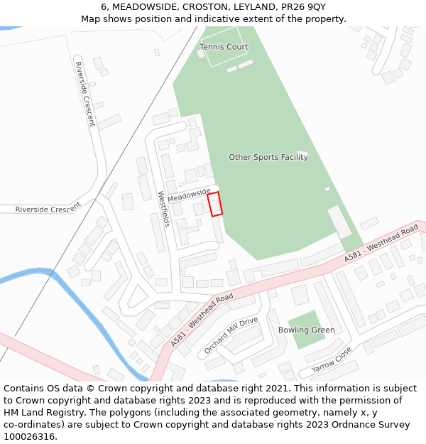 6, MEADOWSIDE, CROSTON, LEYLAND, PR26 9QY: Location map and indicative extent of plot