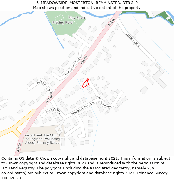 6, MEADOWSIDE, MOSTERTON, BEAMINSTER, DT8 3LP: Location map and indicative extent of plot