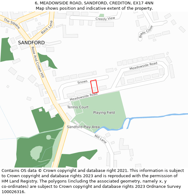 6, MEADOWSIDE ROAD, SANDFORD, CREDITON, EX17 4NN: Location map and indicative extent of plot