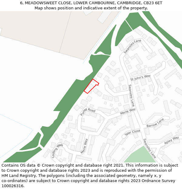 6, MEADOWSWEET CLOSE, LOWER CAMBOURNE, CAMBRIDGE, CB23 6ET: Location map and indicative extent of plot