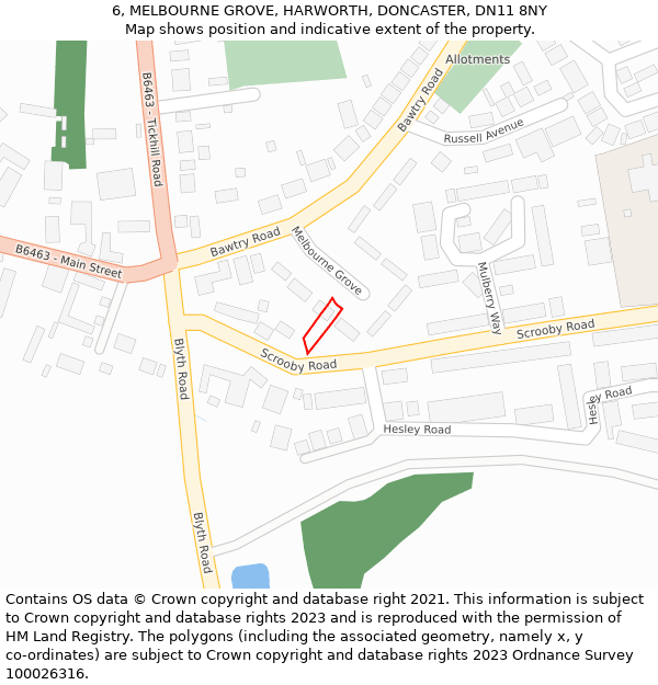 6, MELBOURNE GROVE, HARWORTH, DONCASTER, DN11 8NY: Location map and indicative extent of plot