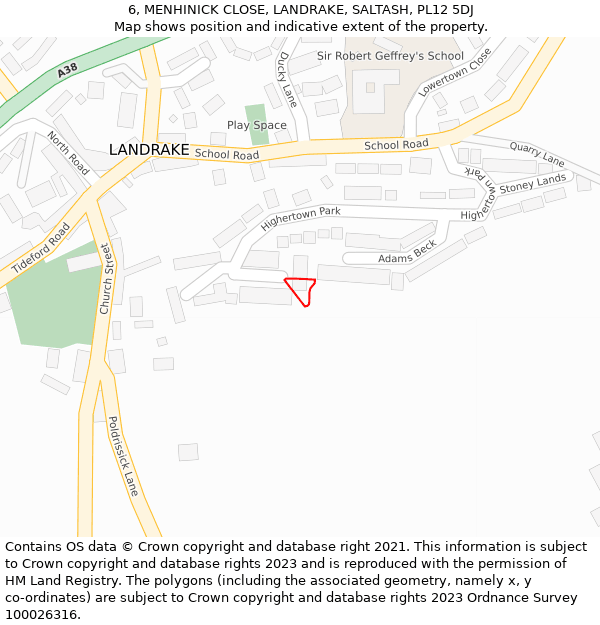 6, MENHINICK CLOSE, LANDRAKE, SALTASH, PL12 5DJ: Location map and indicative extent of plot