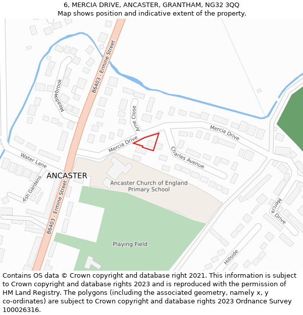 6, MERCIA DRIVE, ANCASTER, GRANTHAM, NG32 3QQ: Location map and indicative extent of plot