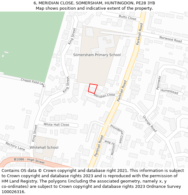 6, MERIDIAN CLOSE, SOMERSHAM, HUNTINGDON, PE28 3YB: Location map and indicative extent of plot