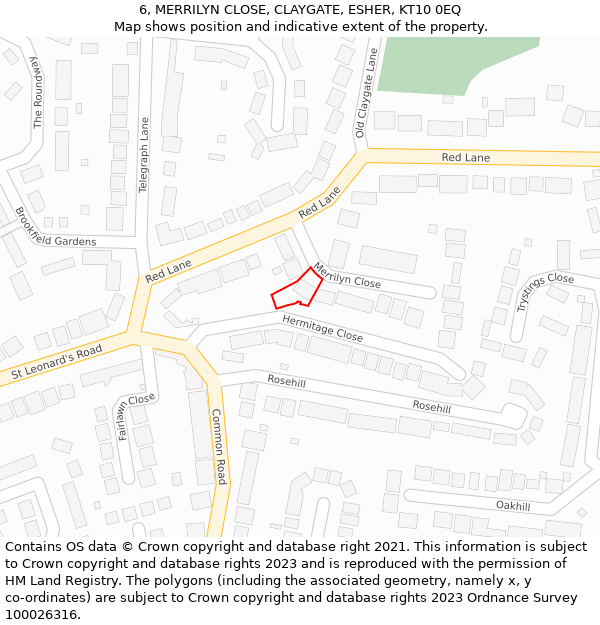 6, MERRILYN CLOSE, CLAYGATE, ESHER, KT10 0EQ: Location map and indicative extent of plot