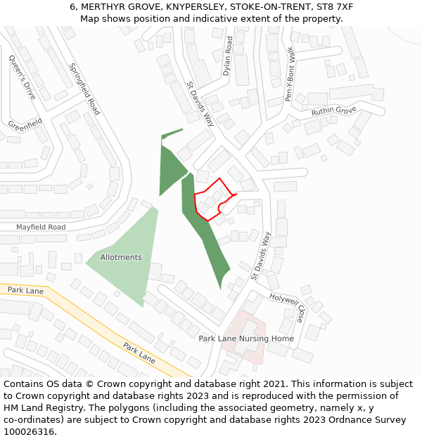 6, MERTHYR GROVE, KNYPERSLEY, STOKE-ON-TRENT, ST8 7XF: Location map and indicative extent of plot